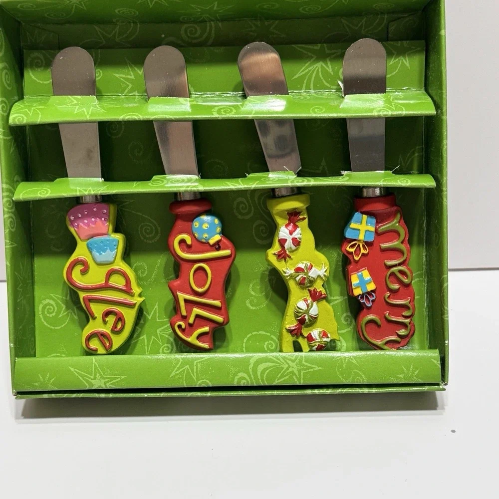 Set of 4 Stainless Steel Knives Spreaders Christmas Merry Glee 5.5